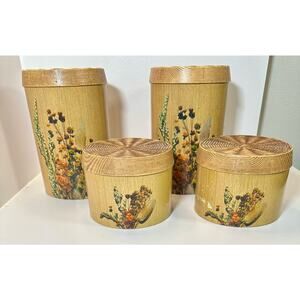 Vintage 1970s Midcentury Cheinco Metal Canister Set Wicker Dried Flower Pattern